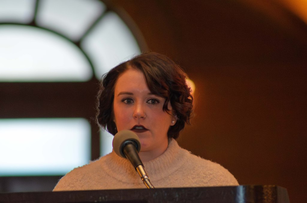 Person speaking at rally